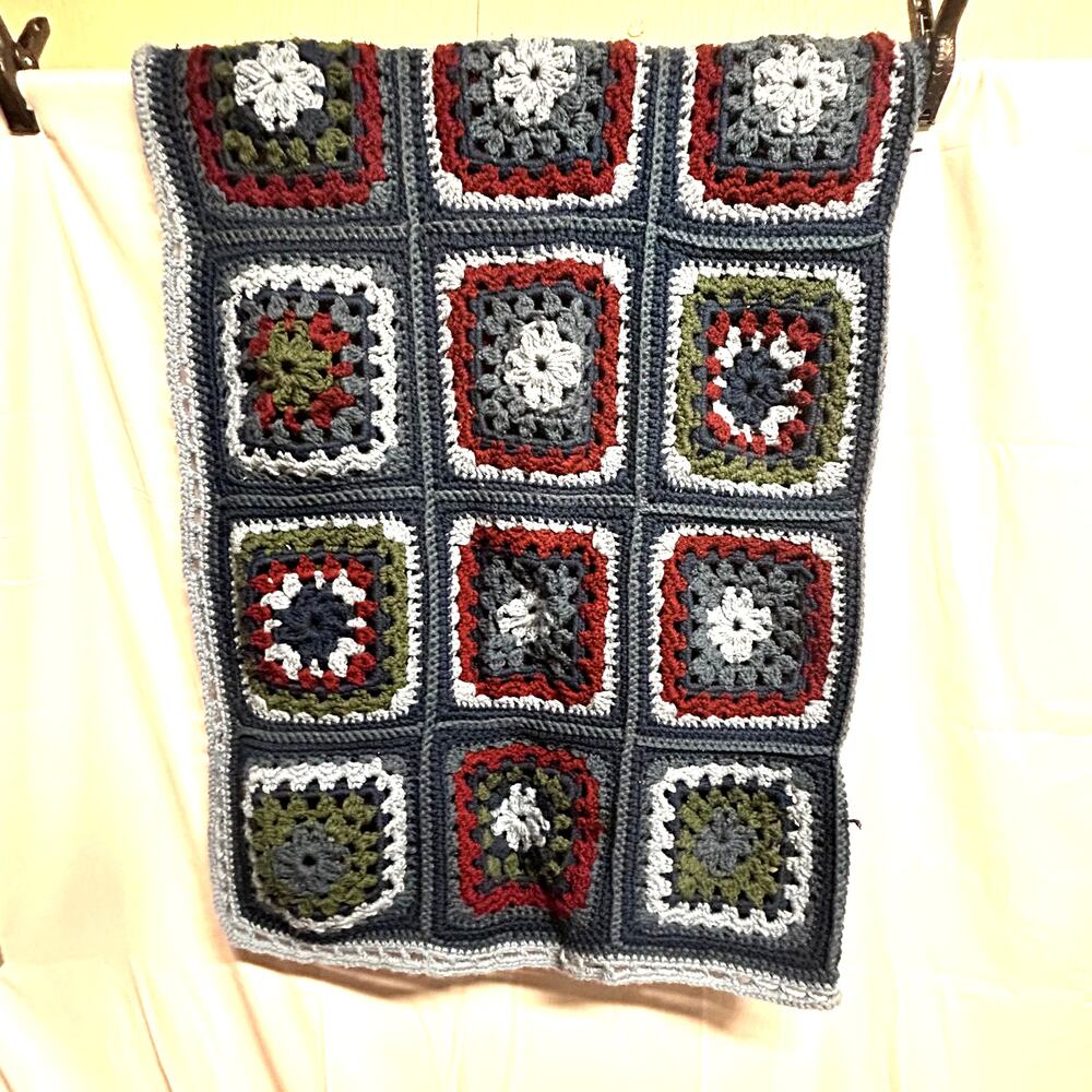 SKU 2069 Vintage Handmade Granny Square Crochet Afghan 56x96 green blue red USA